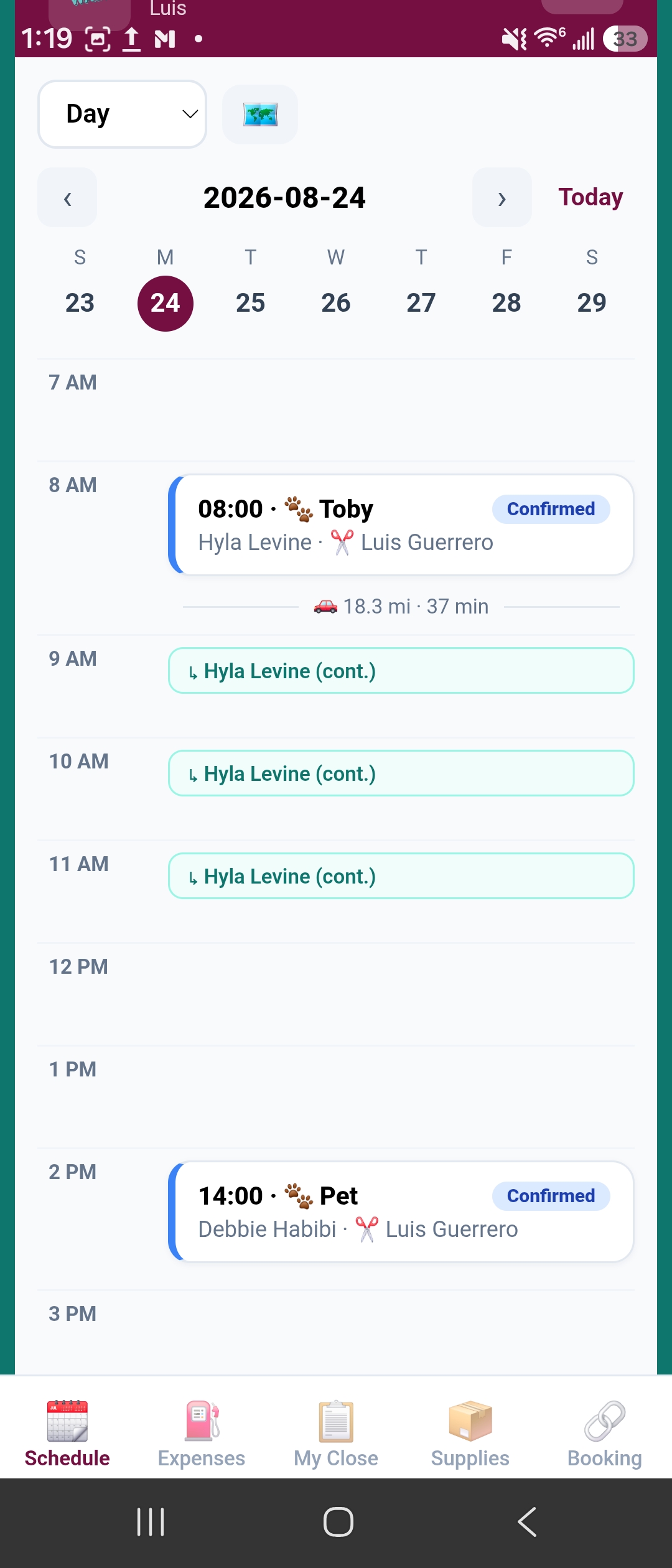 Groomer day schedule screen