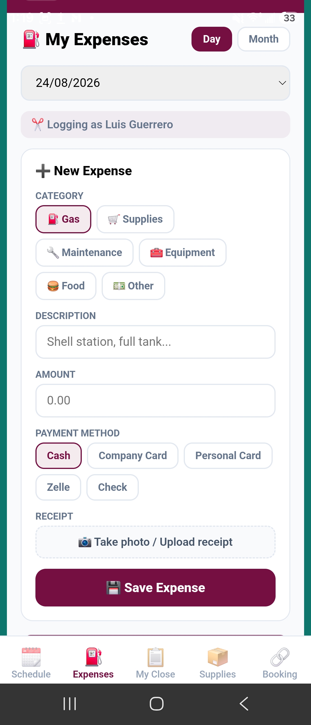 Groomer expenses screen